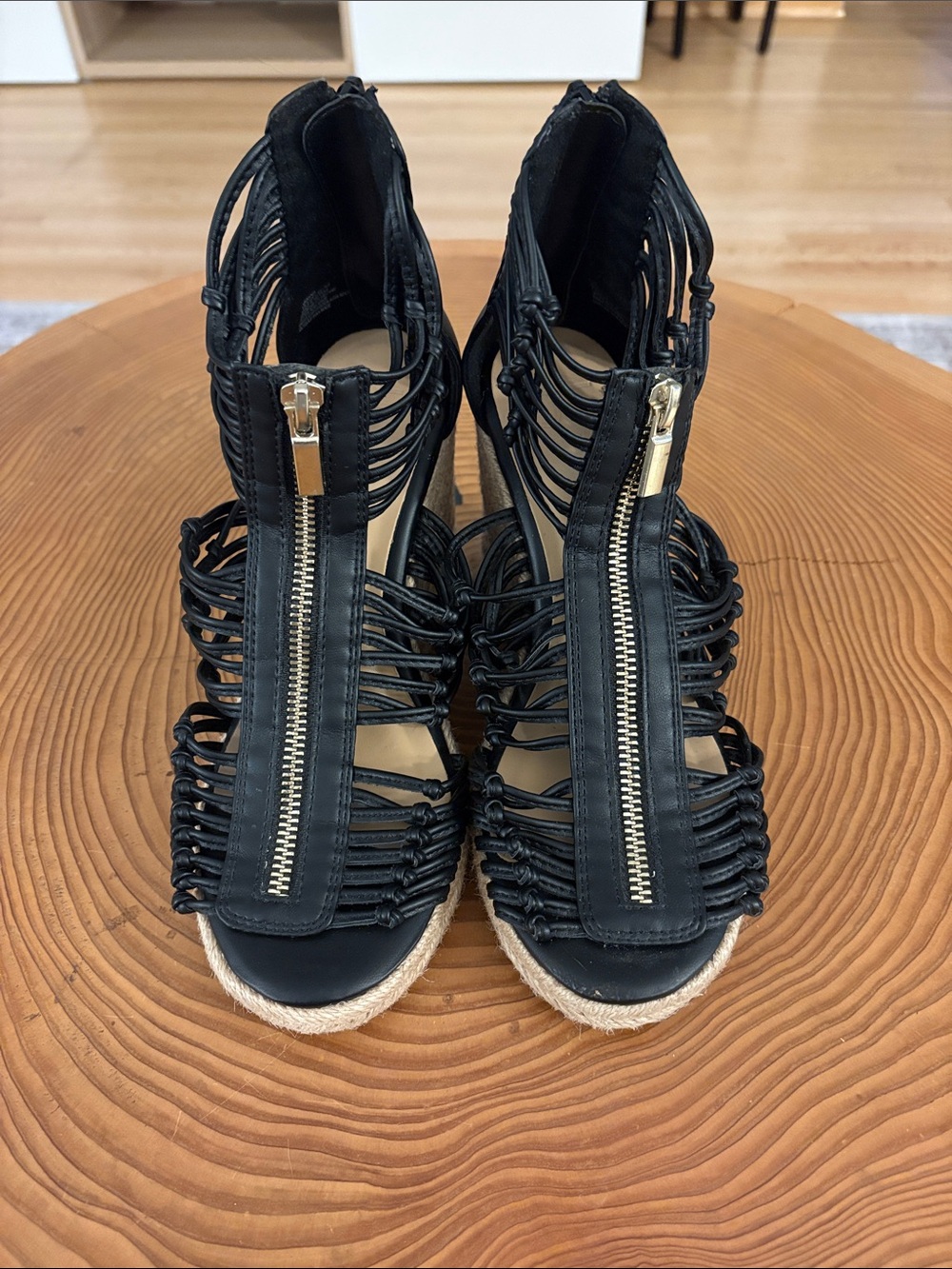 JustFab Black Strappy Wedge Sandals with Front Gold Zipper Detail